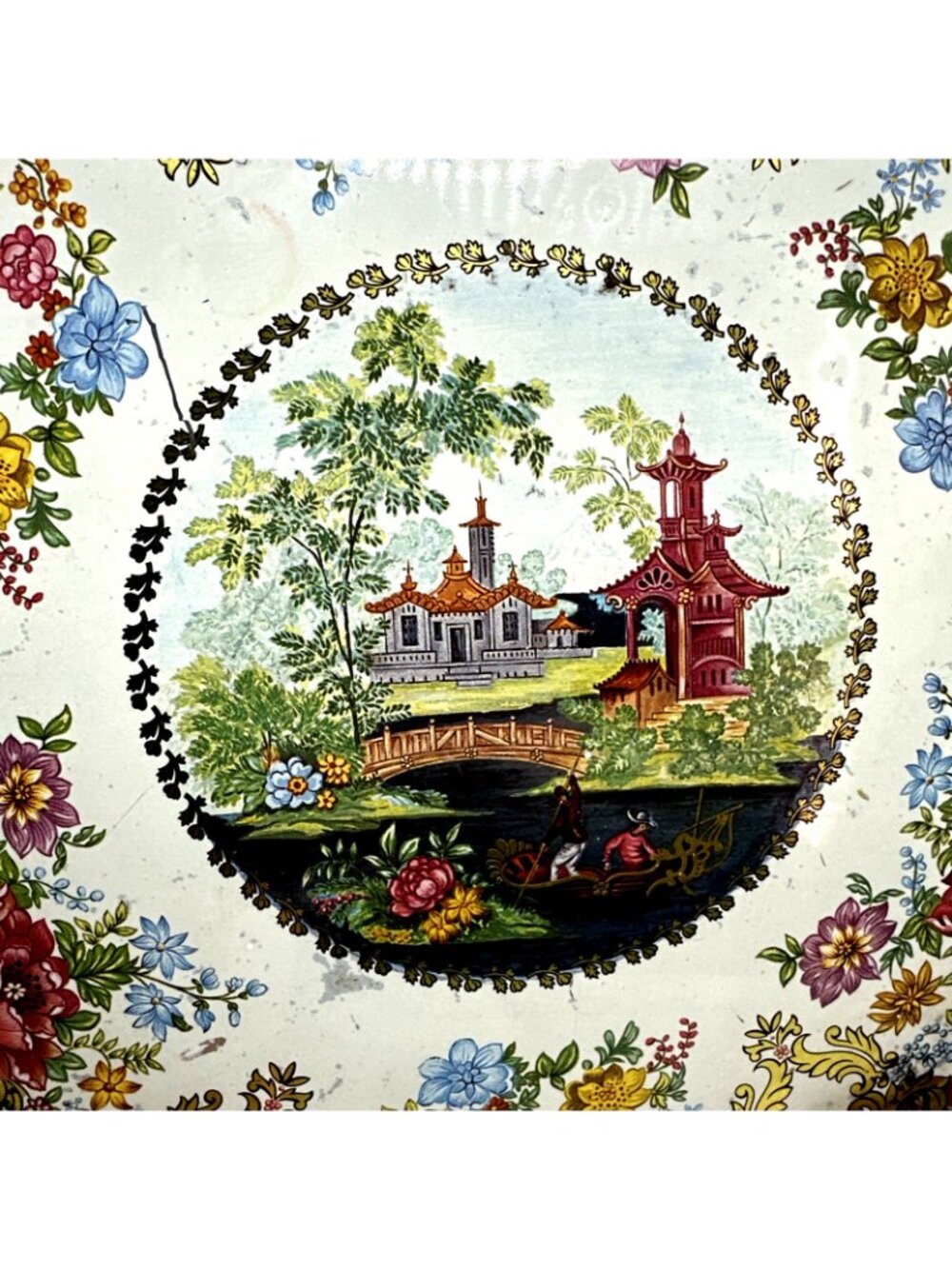 Vintage Chinoiserie Tole Metal Tray Asian Scene - Picture 3 of 10